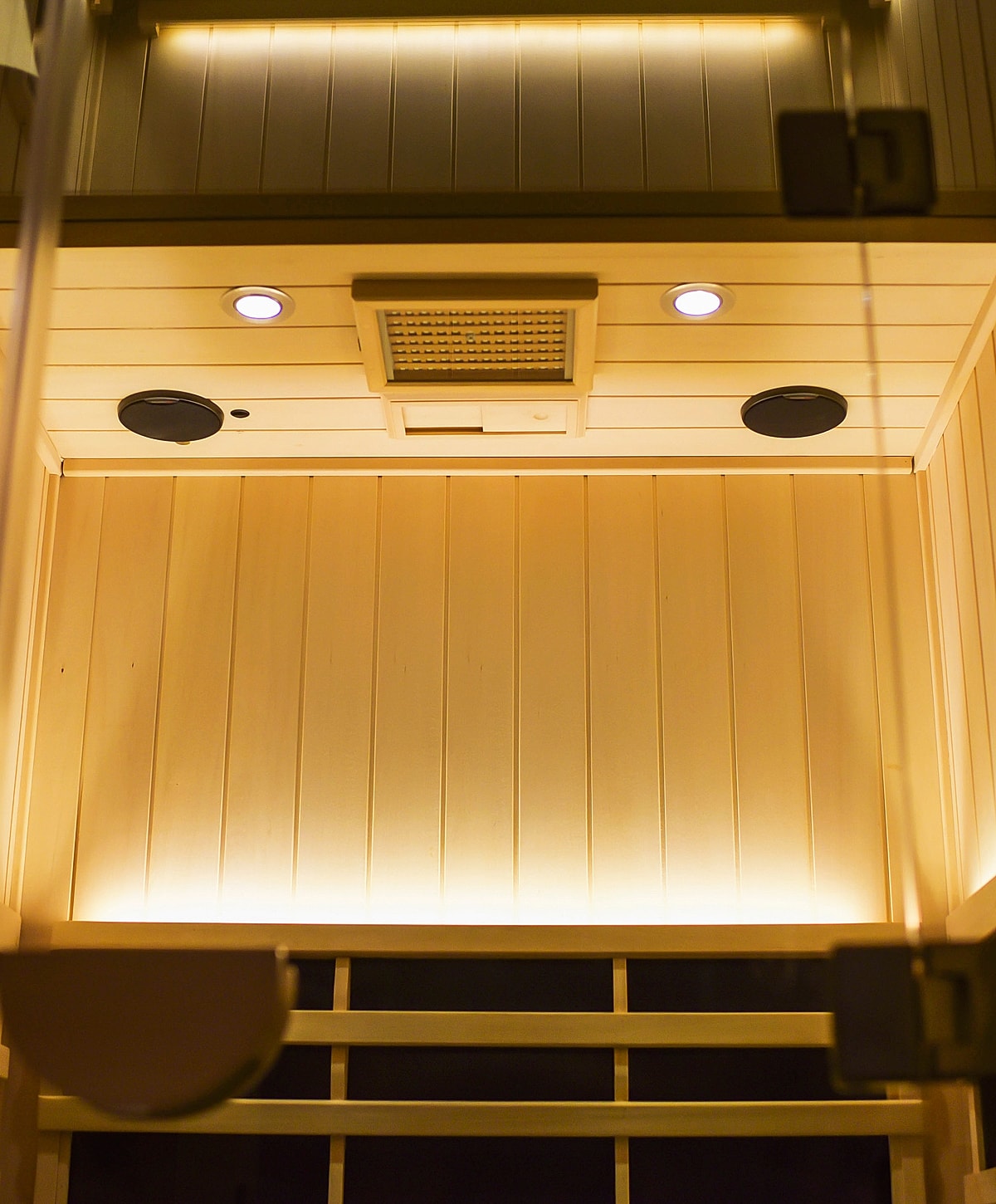 Interior of a sauna with soft lighting.