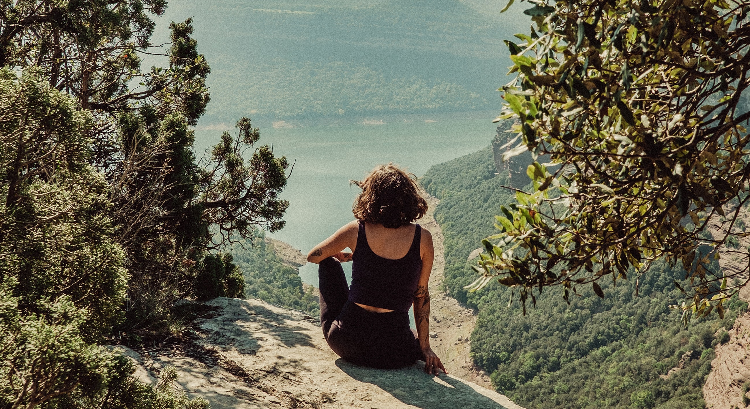 Person gazing at a scenic mountain landscape.