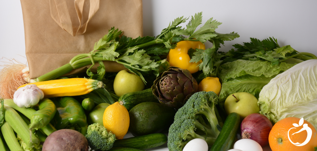 fruits and vegetables against a white background