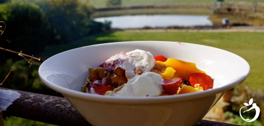 Fruit and coconut milk yogurt in a bowl