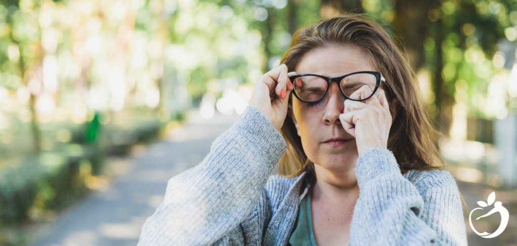 Blog Post Header Image for Stevia and Lyme Disease. Image of a woman rubbing her eyes from fatigue, symptom of Lyme.