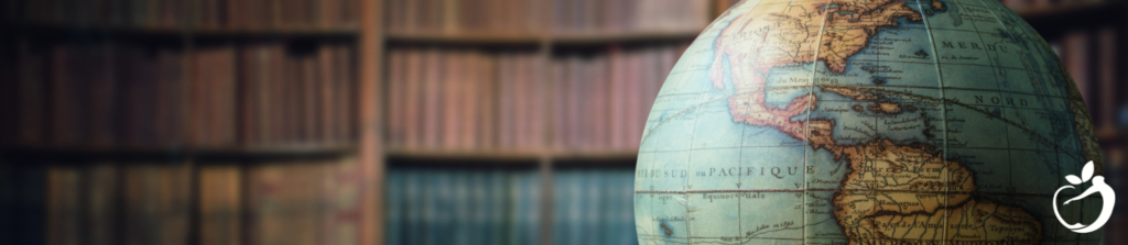 a globe on a desk in a an old library