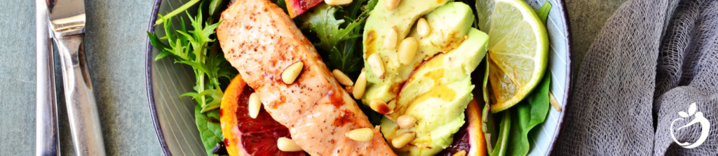 Image of foods (salmon, avocado, salad) that may help you repair the gut for better better skin.