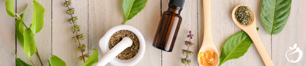 natural remedies for health, supplements, and leaves on a table