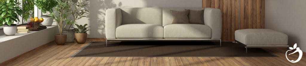 interior of a new home with plants, a couch, and hardwood floors