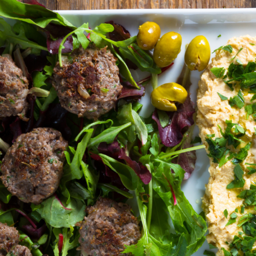 Showing an image of greek style zucchini lamb burgers on a plate with greens.