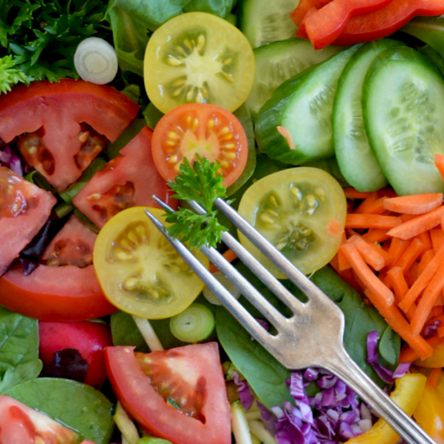 Recipe Post Header Image - Chopped Veggie Salad. Image of salad ingredients.