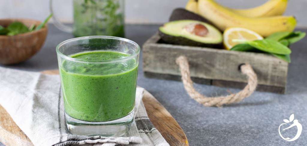 Recipe Post Header Image - Detox Smoothie. Image of green detox smoothie in a glass.