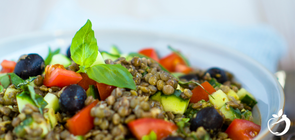 Recipe Post Header Image - French Lentil Salad. Image of lentil salad in a bowl.