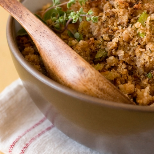 Recipe Post Header Image - Grain-Free Stuffing. Image of stuffing in a bowl.