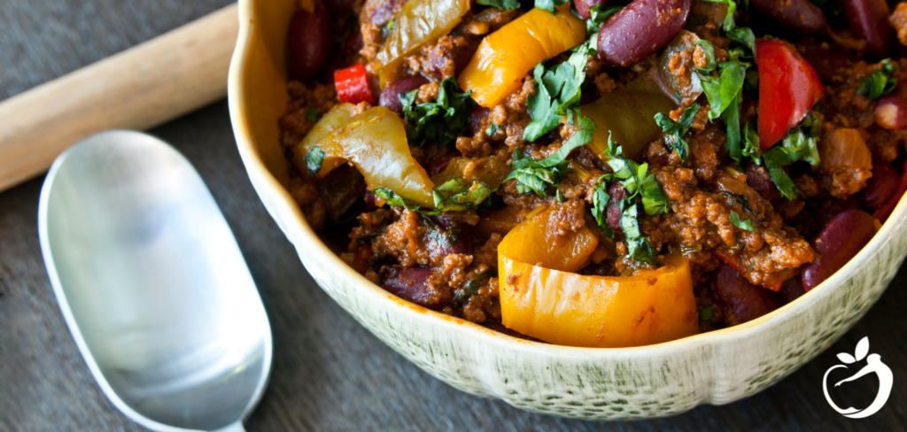 Recipe Post Header Image. Image of Taco Chili in a bowl.
