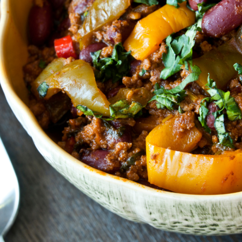 Recipe Post Header Image. Image of Taco Chili in a bowl.