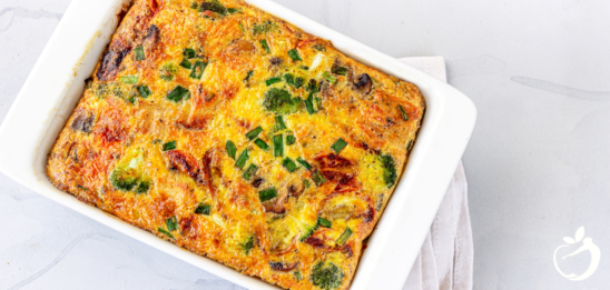 Recipe Post Header Image of Turkey Bacon Breakfast Casserole fresh out of the oven.