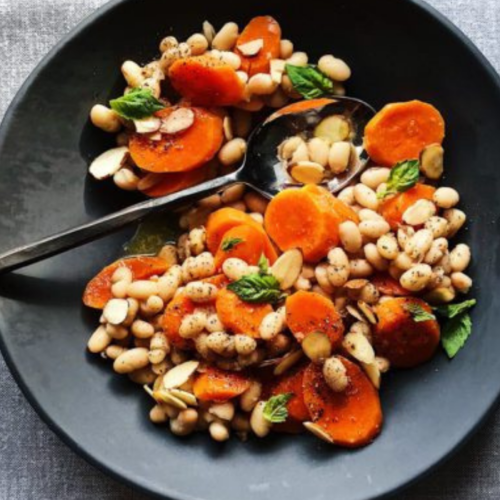 Recipe Post Header Image - White Bean Salad With Carrots and Basil. Image of white bean salad in a bowl.