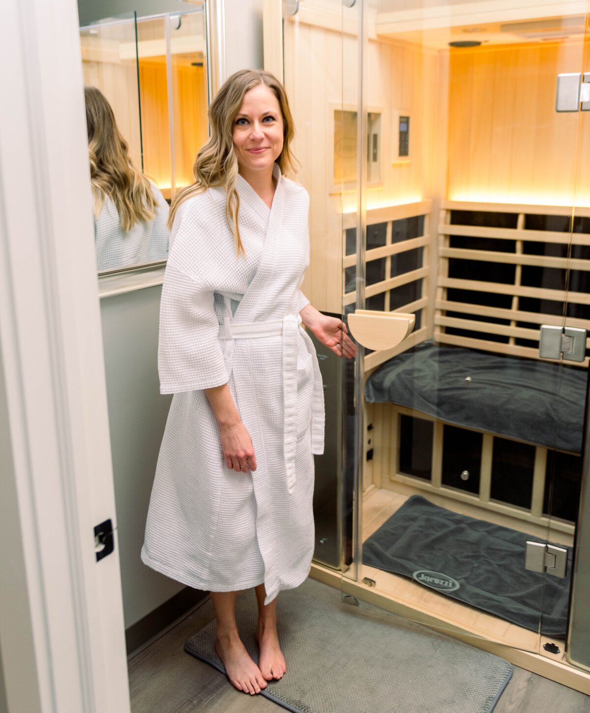 Carmel infrared sauna therapy model with blonde hair